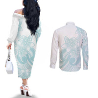 Polynesian Tribal Plumeria Lotu Tamaiti Couples Matching Off The Shoulder Long Sleeve Dress and Long Sleeve Button Shirt Pastel Cyan - Polynesian Pride