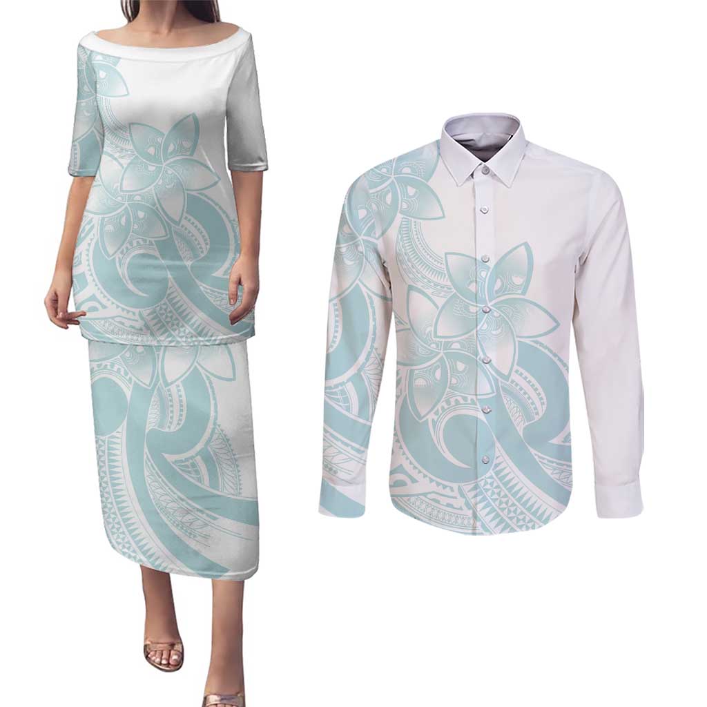 Polynesian Tribal Plumeria Lotu Tamaiti Couples Matching Puletasi and Long Sleeve Button Shirt Pastel Cyan - Polynesian Pride