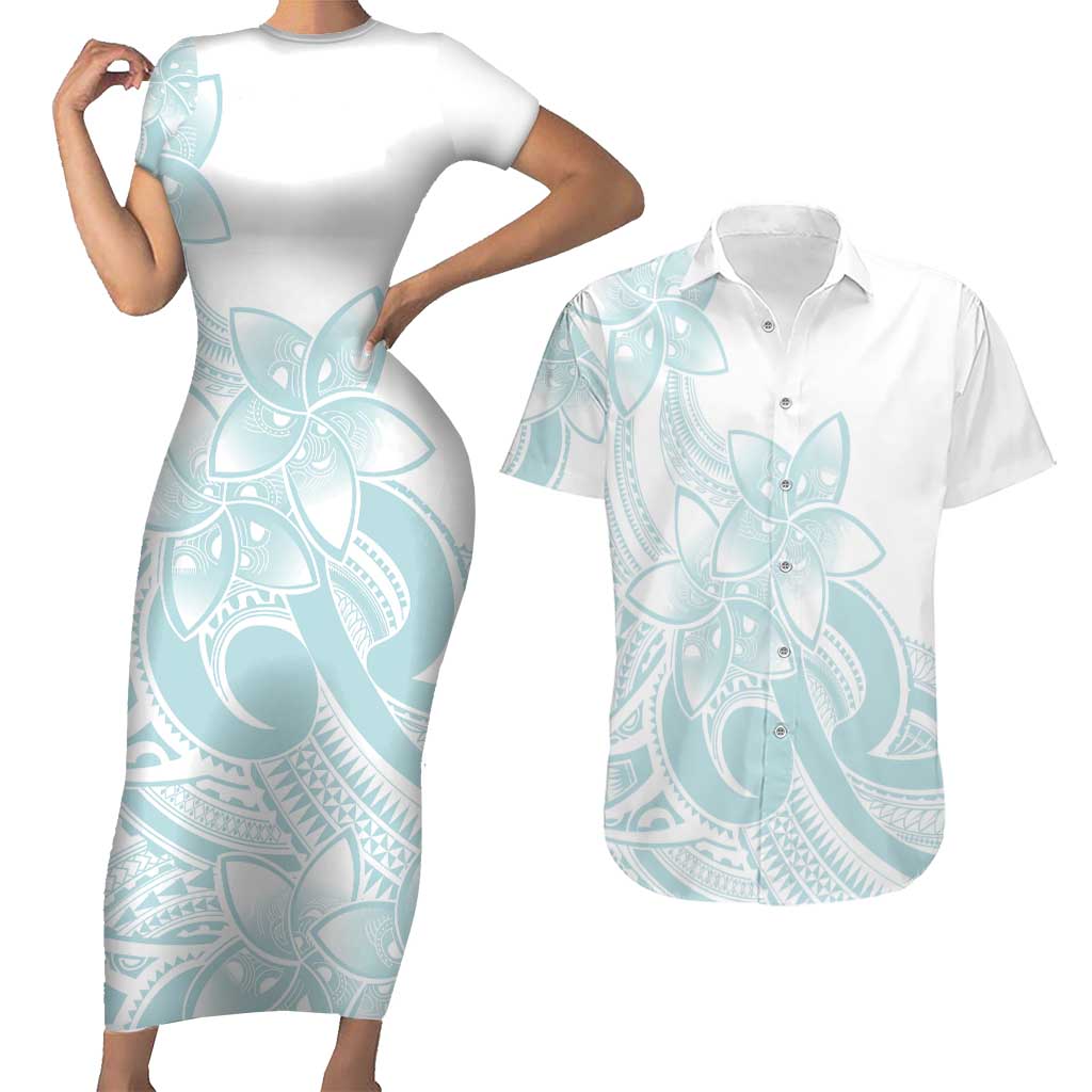 Polynesian Tribal Plumeria Lotu Tamaiti Couples Matching Short Sleeve Bodycon Dress and Hawaiian Shirt Pastel Cyan - Polynesian Pride