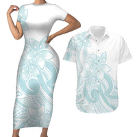 Polynesian Tribal Plumeria Lotu Tamaiti Couples Matching Short Sleeve Bodycon Dress and Hawaiian Shirt Pastel Cyan - Polynesian Pride
