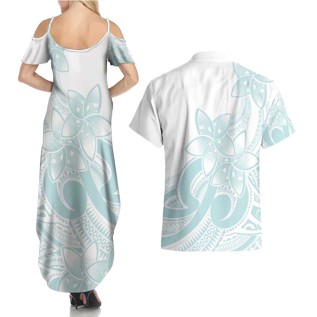 Polynesian Tribal Plumeria Lotu Tamaiti Couples Matching Summer Maxi Dress and Hawaiian Shirt Pastel Cyan - Polynesian Pride