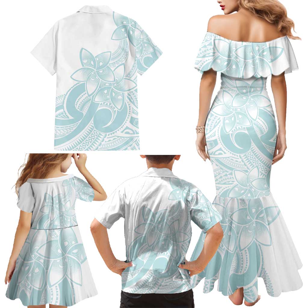Polynesian Tribal Plumeria Lotu Tamaiti Family Matching Mermaid Dress and Hawaiian Shirt Pastel Cyan - Polynesian Pride