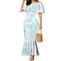 Polynesian Tribal Plumeria Lotu Tamaiti Family Matching Mermaid Dress and Hawaiian Shirt Pastel Cyan - Polynesian Pride