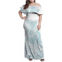 Polynesian Tribal Plumeria Lotu Tamaiti Family Matching Off Shoulder Maxi Dress and Hawaiian Shirt Pastel Cyan - Polynesian Pride