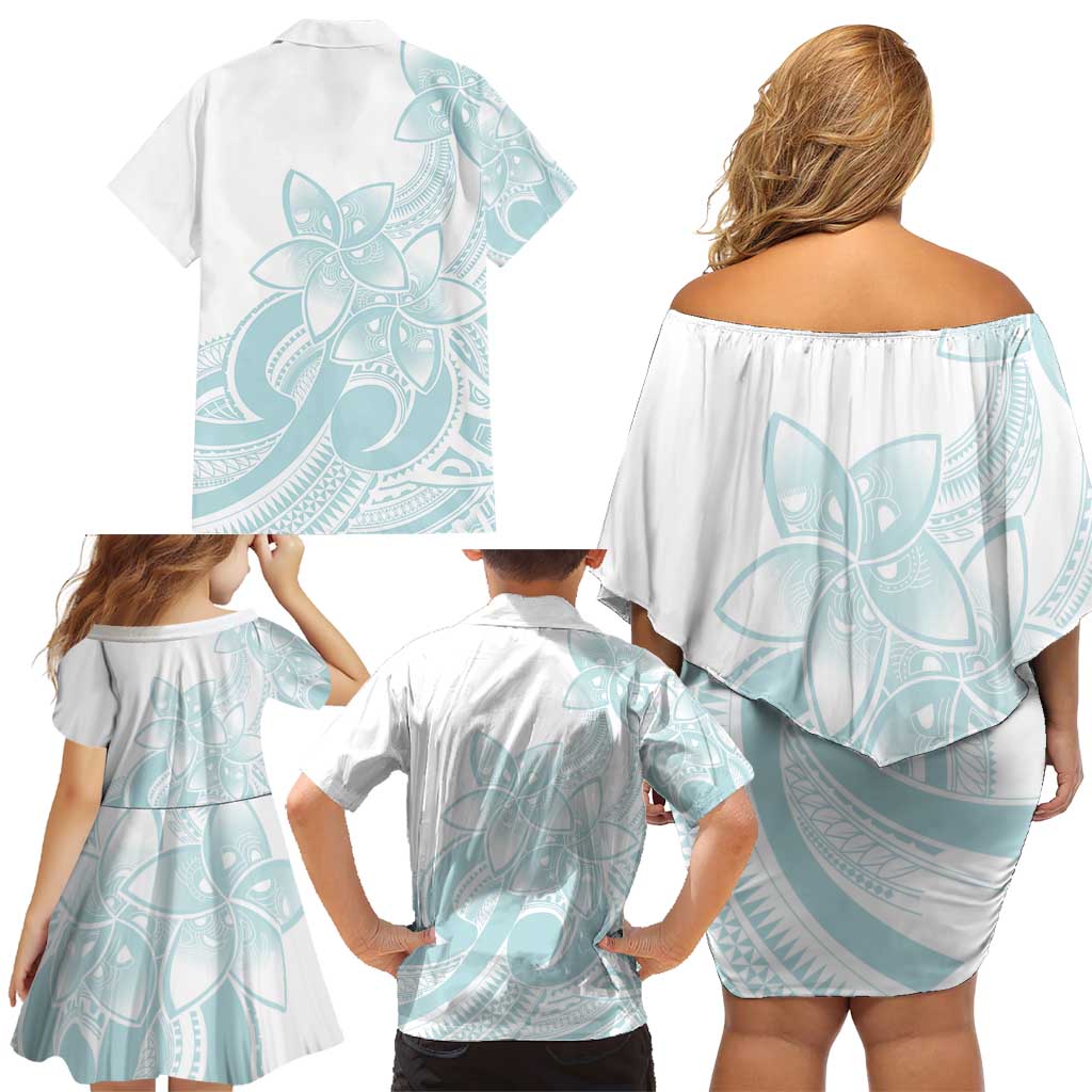 Polynesian Tribal Plumeria Lotu Tamaiti Family Matching Off Shoulder Short Dress and Hawaiian Shirt Pastel Cyan - Polynesian Pride