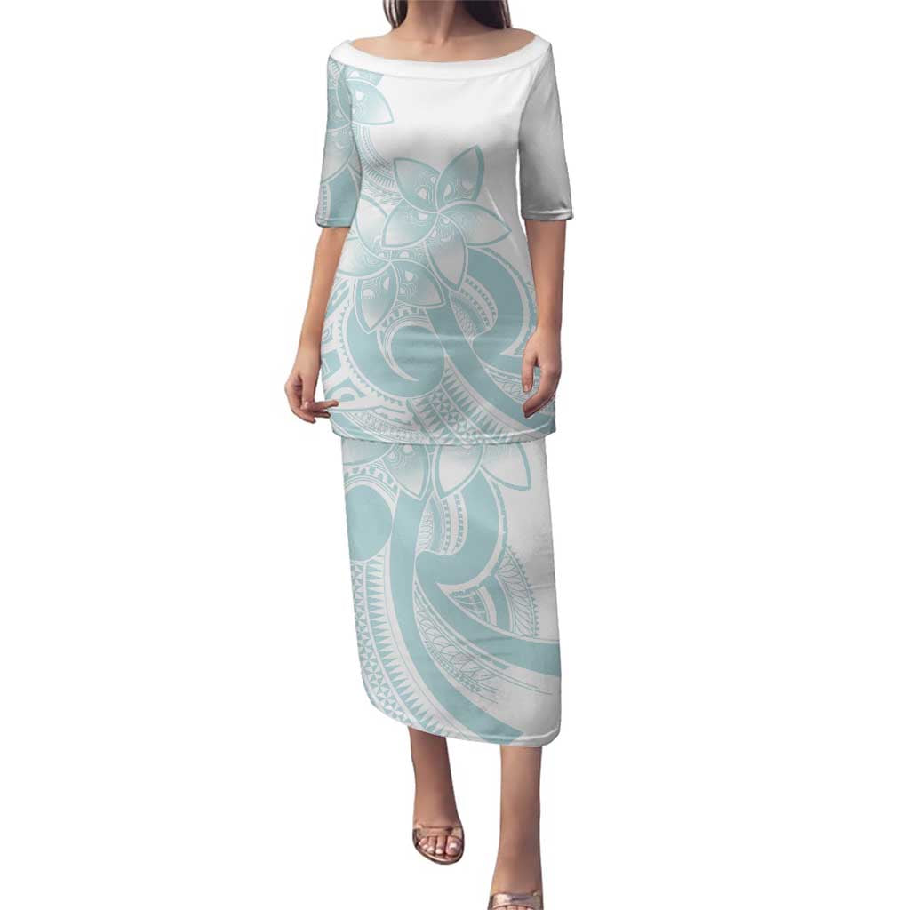 Polynesian Tribal Plumeria Lotu Tamaiti Family Matching Puletasi and Hawaiian Shirt Pastel Cyan - Polynesian Pride