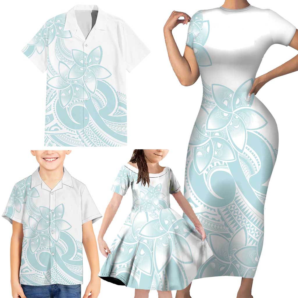 Polynesian Tribal Plumeria Lotu Tamaiti Family Matching Short Sleeve Bodycon Dress and Hawaiian Shirt Pastel Cyan - Polynesian Pride