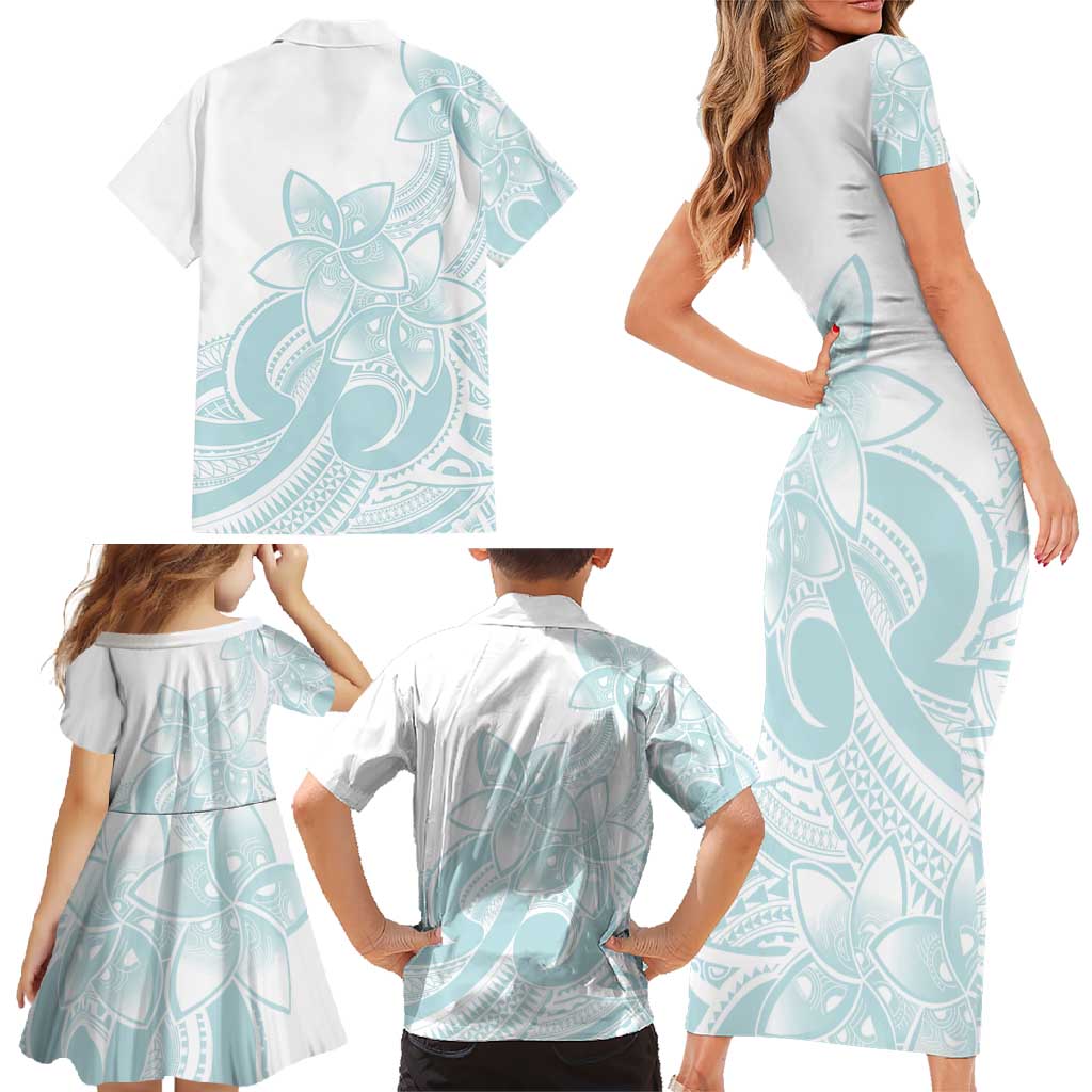 Polynesian Tribal Plumeria Lotu Tamaiti Family Matching Short Sleeve Bodycon Dress and Hawaiian Shirt Pastel Cyan - Polynesian Pride