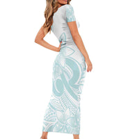 Polynesian Tribal Plumeria Lotu Tamaiti Family Matching Short Sleeve Bodycon Dress and Hawaiian Shirt Pastel Cyan - Polynesian Pride