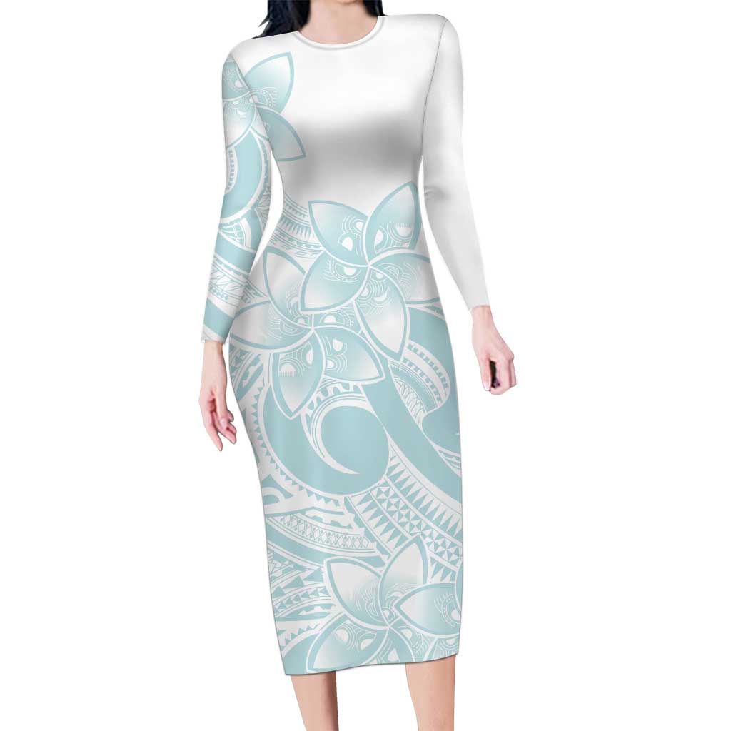Polynesian Tribal Plumeria Lotu Tamaiti Long Sleeve Bodycon Dress Pastel  Cyan