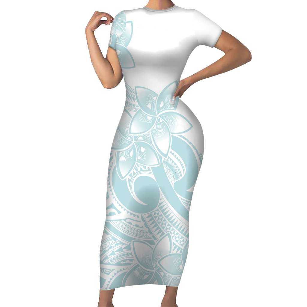 Polynesian Tribal Plumeria Lotu Tamaiti Short Sleeve Bodycon Dress Pastel  Cyan