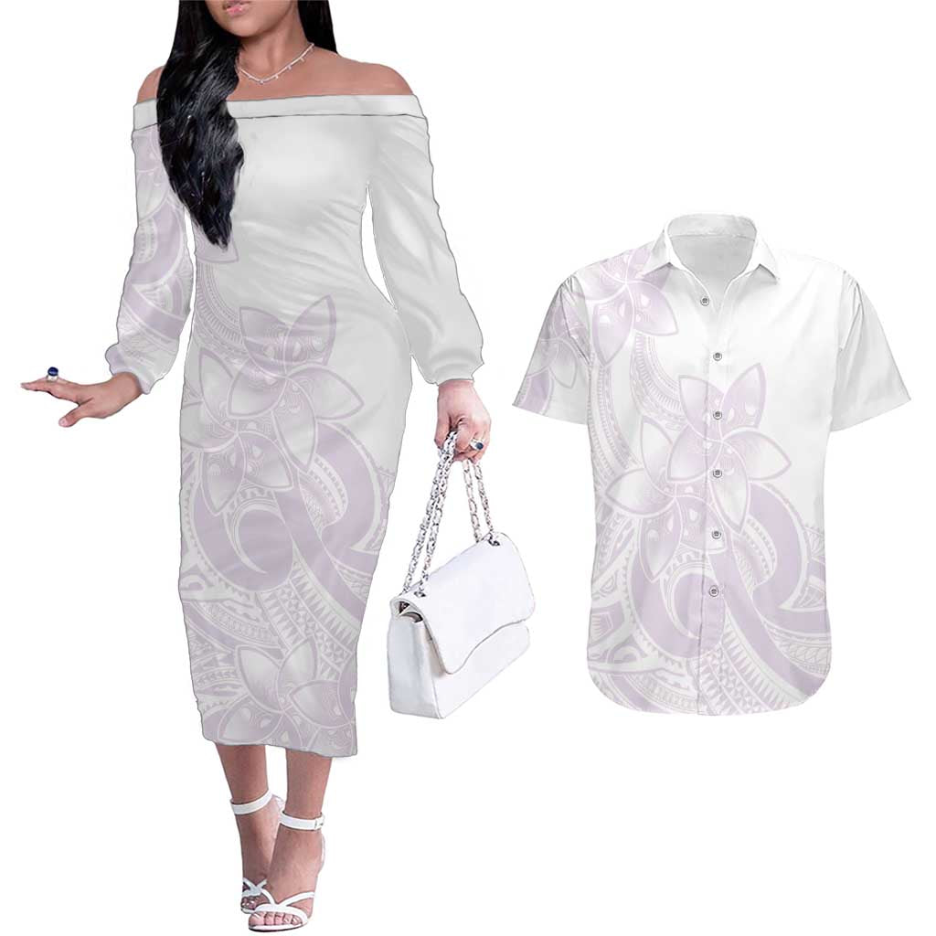 Polynesian Tribal Plumeria Lotu Tamaiti Couples Matching Off The Shoulder Long Sleeve Dress and Hawaiian Shirt Pastel Mauve - Polynesian Pride