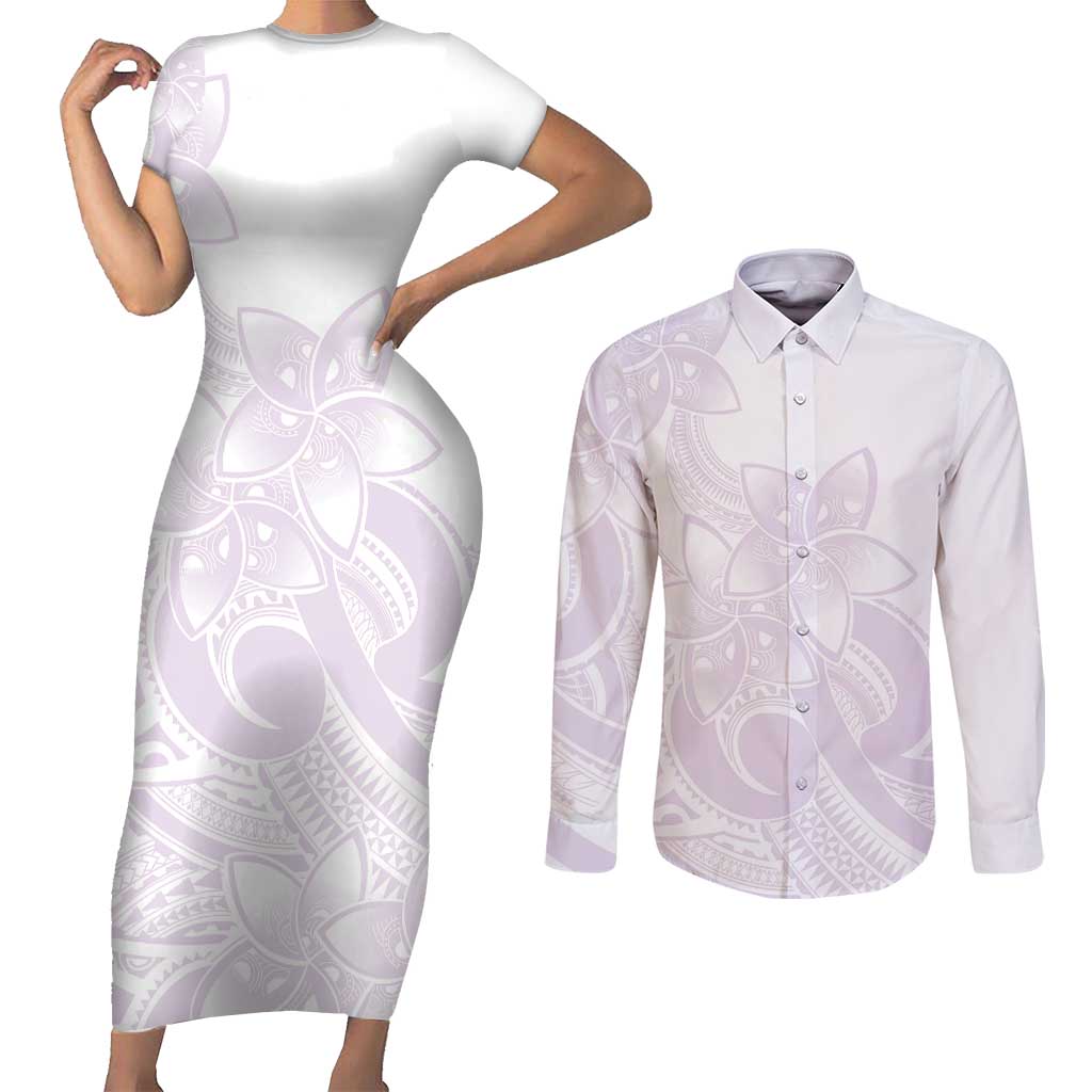 Polynesian Tribal Plumeria Lotu Tamaiti Couples Matching Short Sleeve Bodycon Dress and Long Sleeve Button Shirt Pastel Mauve - Polynesian Pride