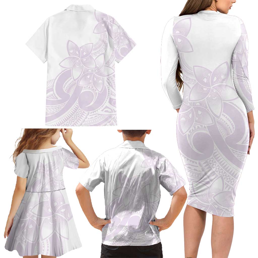 Polynesian Tribal Plumeria Lotu Tamaiti Family Matching Long Sleeve Bodycon Dress and Hawaiian Shirt Pastel Mauve - Polynesian Pride