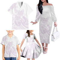 Polynesian Tribal Plumeria Lotu Tamaiti Family Matching Off The Shoulder Long Sleeve Dress and Hawaiian Shirt Pastel Mauve - Polynesian Pride