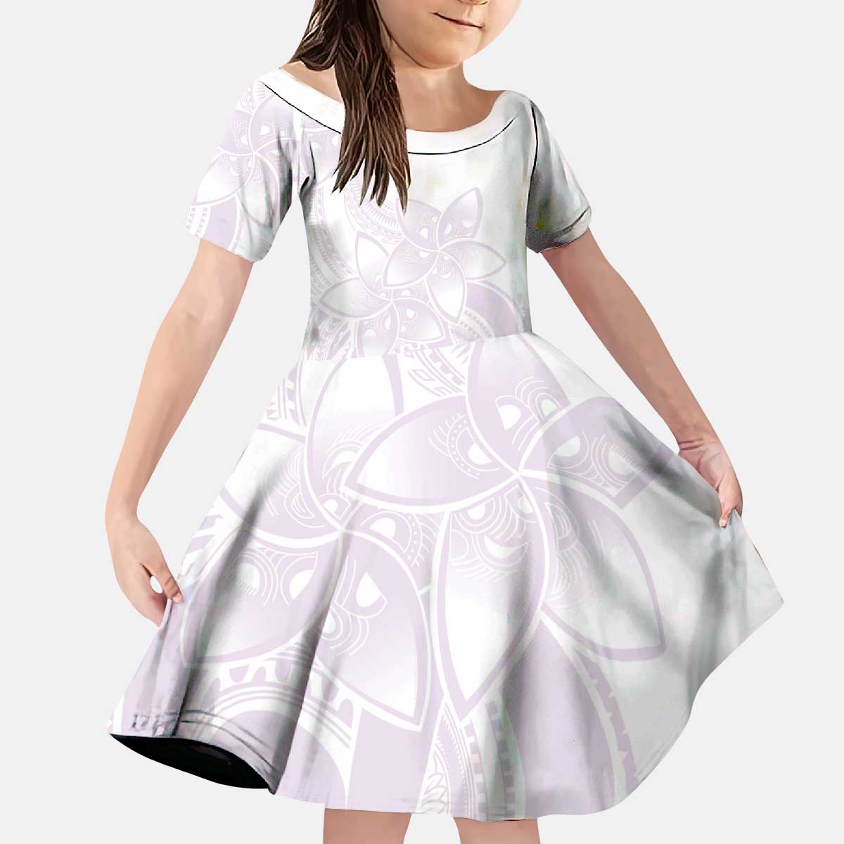 Polynesian Tribal Plumeria Lotu Tamaiti Kid Short Sleeve Dress Pastel Mauve - Polynesian Pride