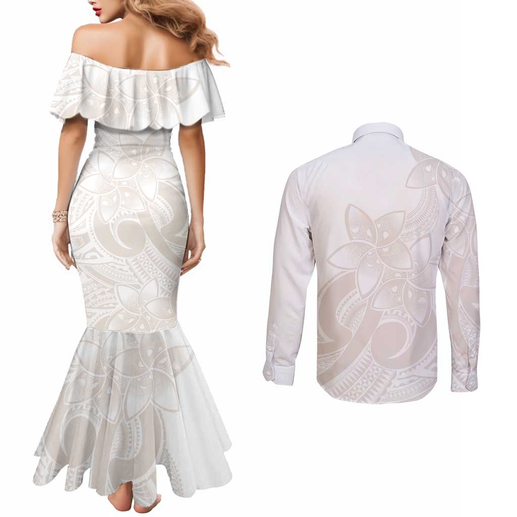 Polynesian Tribal Plumeria Lotu Tamaiti Couples Matching Mermaid Dress and Long Sleeve Button Shirt Pastel Nude - Polynesian Pride