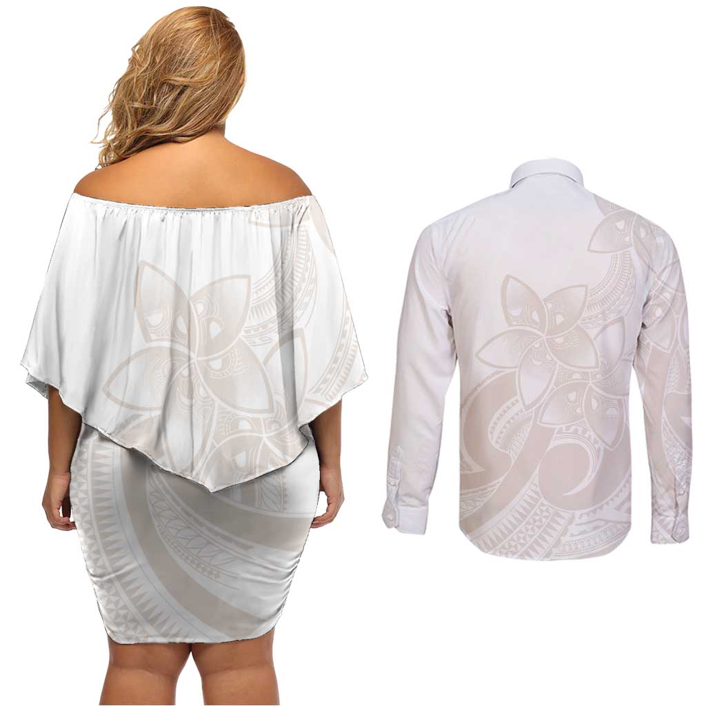 Polynesian Tribal Plumeria Lotu Tamaiti Couples Matching Off Shoulder Short Dress and Long Sleeve Button Shirt Pastel Nude - Polynesian Pride