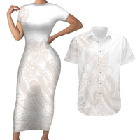 Polynesian Tribal Plumeria Lotu Tamaiti Couples Matching Short Sleeve Bodycon Dress and Hawaiian Shirt Pastel Nude - Polynesian Pride