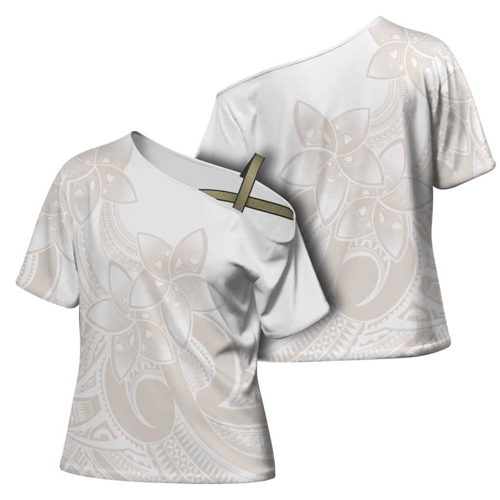 Polynesian Tribal Plumeria Lotu Tamaiti Cross Shoulder Shirt Pastel Nude - Polynesian Pride