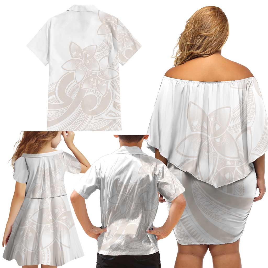 Polynesian Tribal Plumeria Lotu Tamaiti Family Matching Off Shoulder Short Dress and Hawaiian Shirt Pastel Nude - Polynesian Pride