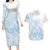 Polynesian Tribal Plumeria Lotu Tamaiti Couples Matching Long Sleeve Bodycon Dress and Hawaiian Shirt Pastel Sky Blue - Polynesian Pride
