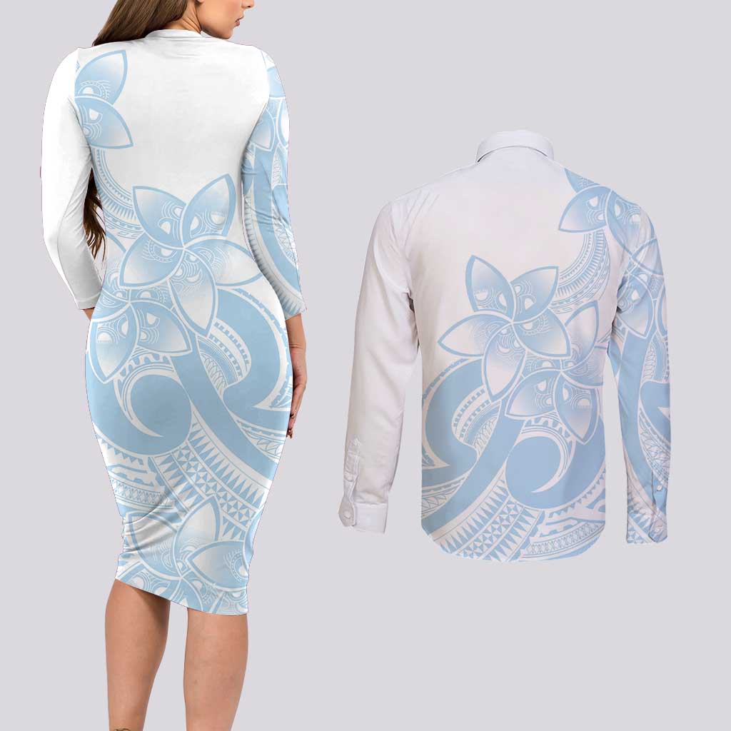 Polynesian Tribal Plumeria Lotu Tamaiti Couples Matching Long Sleeve Bodycon Dress and Long Sleeve Button Shirt Pastel Sky Blue - Polynesian Pride