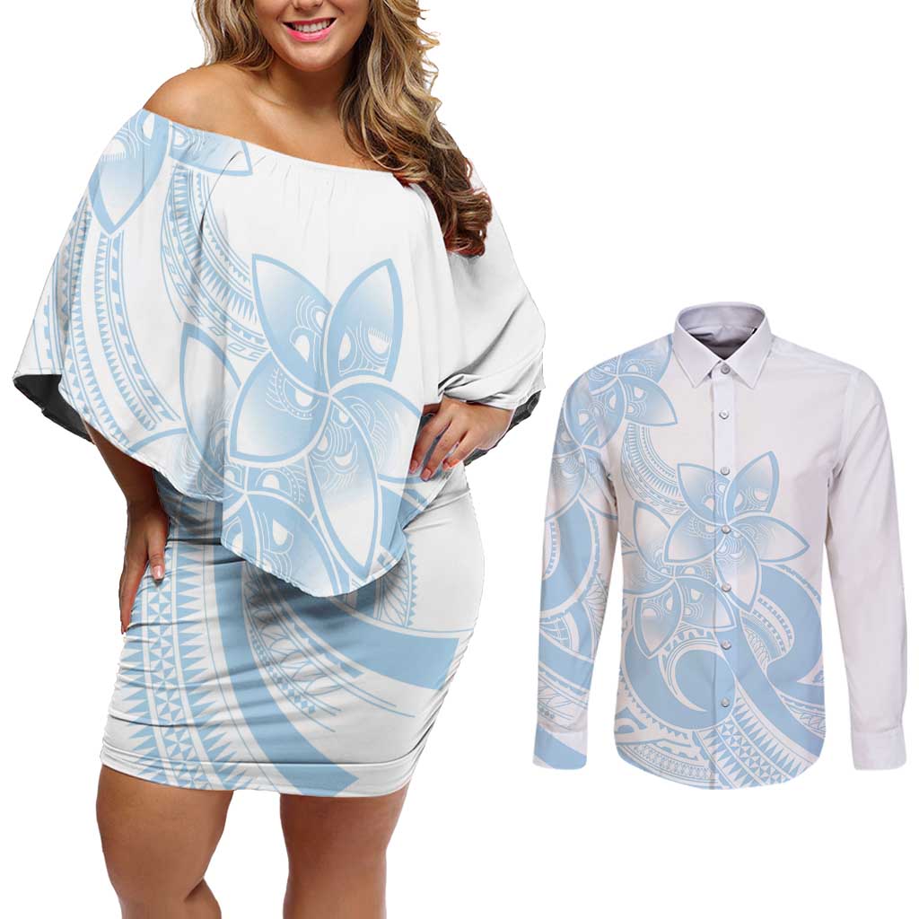 Polynesian Tribal Plumeria Lotu Tamaiti Couples Matching Off Shoulder Short Dress and Long Sleeve Button Shirt Pastel Sky Blue - Polynesian Pride
