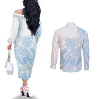 Polynesian Tribal Plumeria Lotu Tamaiti Couples Matching Off The Shoulder Long Sleeve Dress and Long Sleeve Button Shirt Pastel Sky Blue - Polynesian Pride