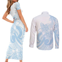 Polynesian Tribal Plumeria Lotu Tamaiti Couples Matching Short Sleeve Bodycon Dress and Long Sleeve Button Shirt Pastel Sky Blue - Polynesian Pride
