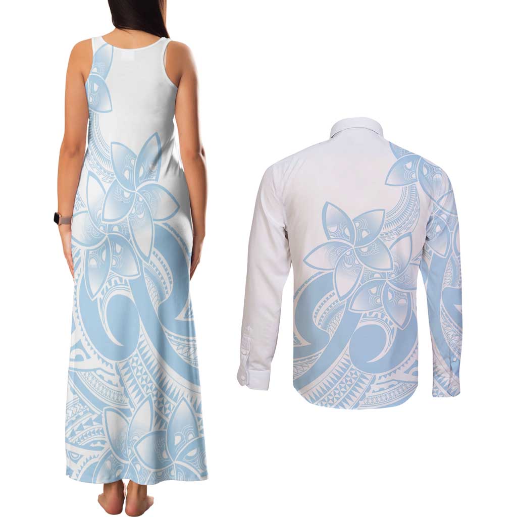 Polynesian Tribal Plumeria Lotu Tamaiti Couples Matching Tank Maxi Dress and Long Sleeve Button Shirt Pastel Sky Blue - Polynesian Pride