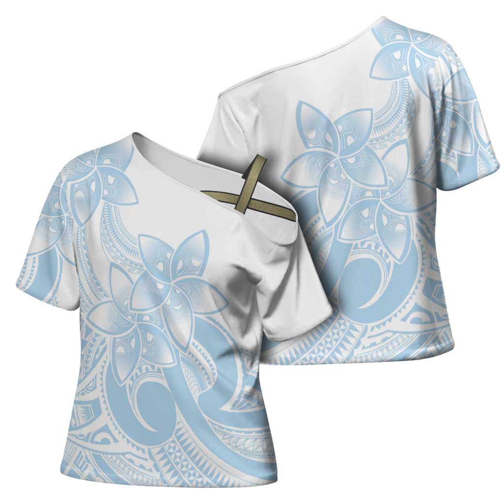 Polynesian Tribal Plumeria Lotu Tamaiti Cross Shoulder Shirt Pastel Sky Blue - Polynesian Pride