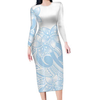 Polynesian Tribal Plumeria Lotu Tamaiti Family Matching Long Sleeve Bodycon Dress and Hawaiian Shirt Pastel Sky Blue - Polynesian Pride
