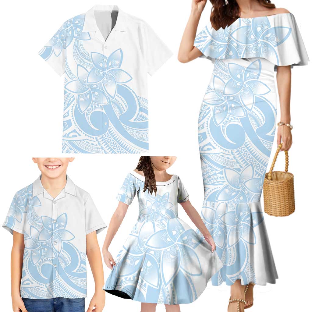 Polynesian Tribal Plumeria Lotu Tamaiti Family Matching Mermaid Dress and Hawaiian Shirt Pastel Sky Blue - Polynesian Pride