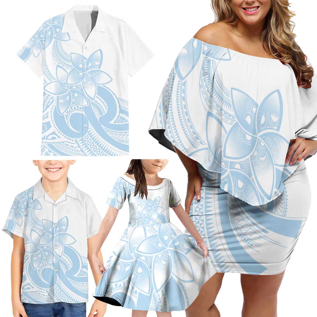 Polynesian Tribal Plumeria Lotu Tamaiti Family Matching Off Shoulder Short Dress and Hawaiian Shirt Pastel Sky Blue - Polynesian Pride