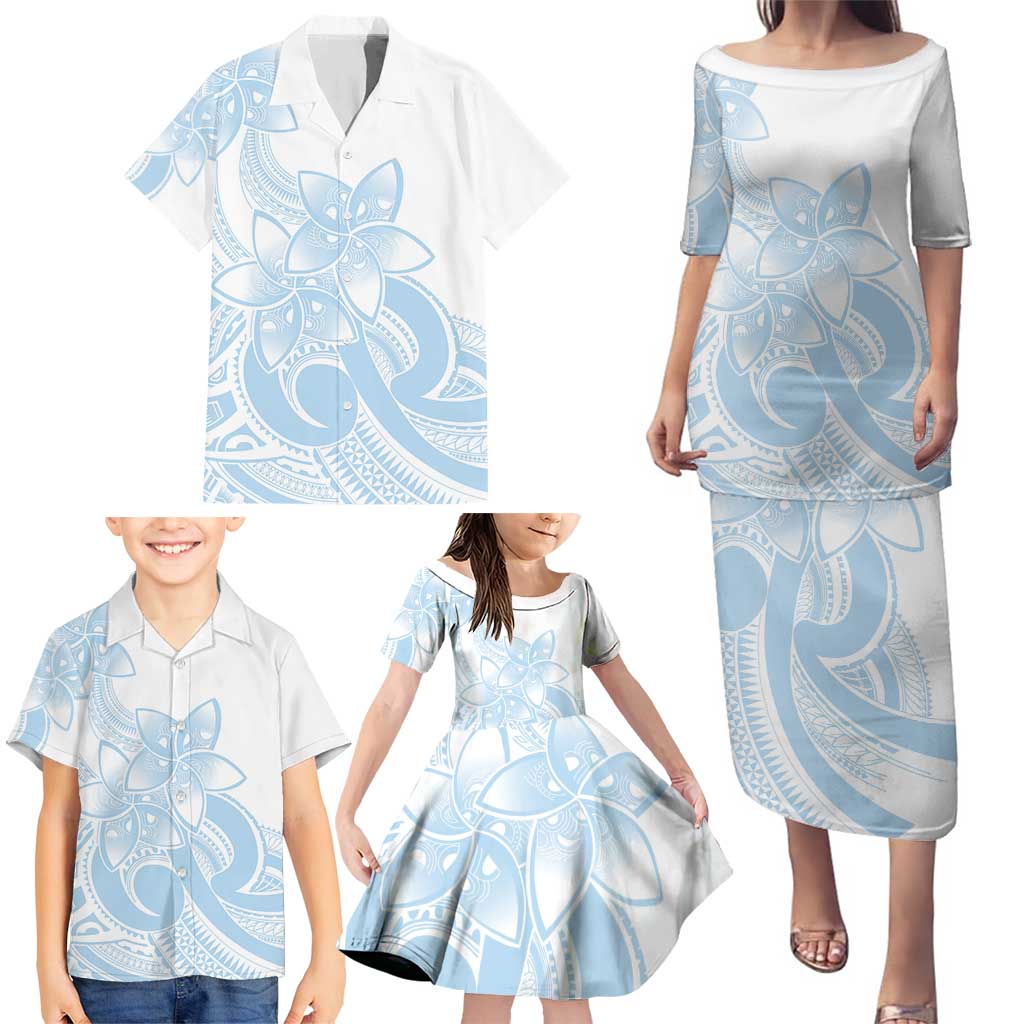 Polynesian Tribal Plumeria Lotu Tamaiti Family Matching Puletasi and Hawaiian Shirt Pastel Sky Blue - Polynesian Pride