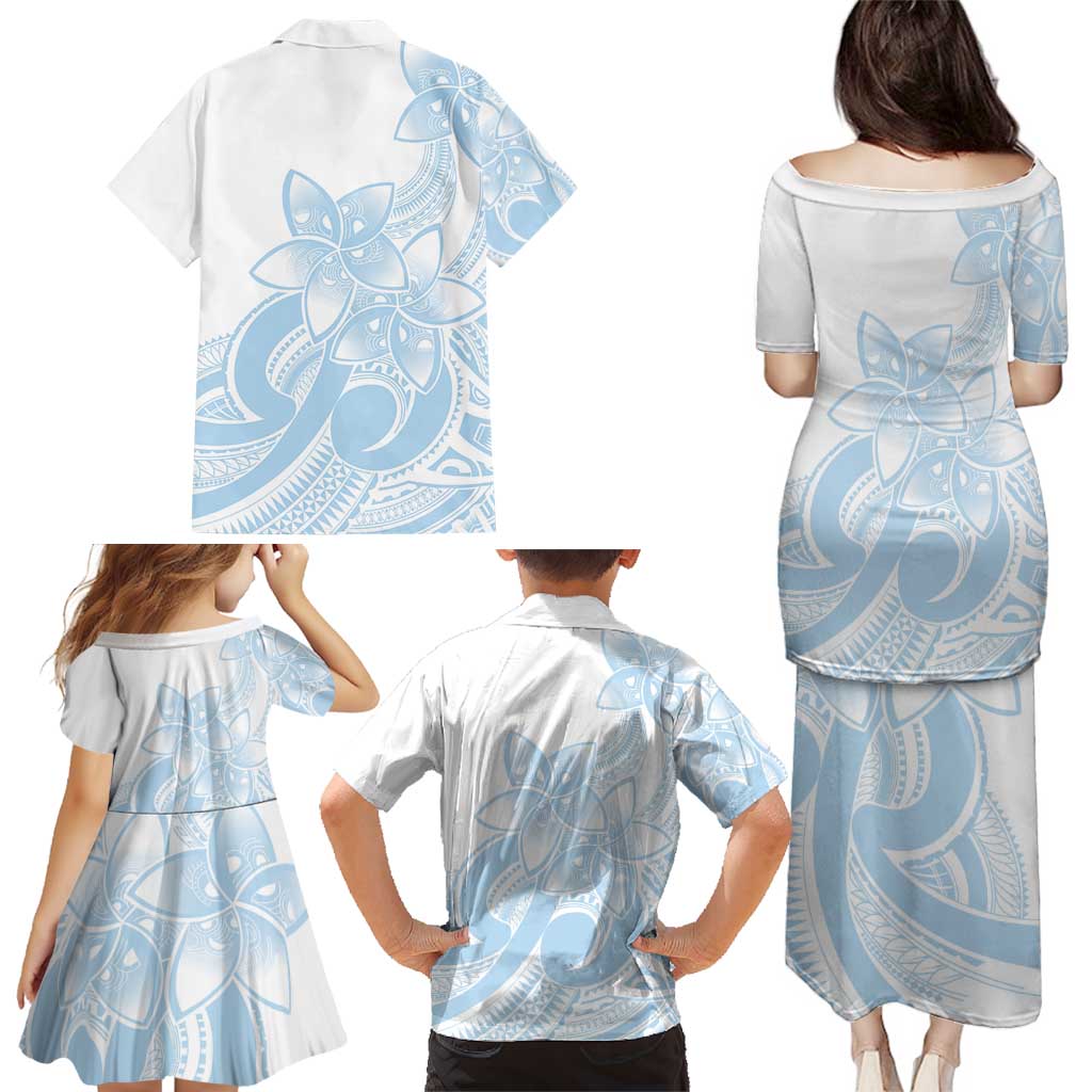 Polynesian Tribal Plumeria Lotu Tamaiti Family Matching Puletasi and Hawaiian Shirt Pastel Sky Blue - Polynesian Pride
