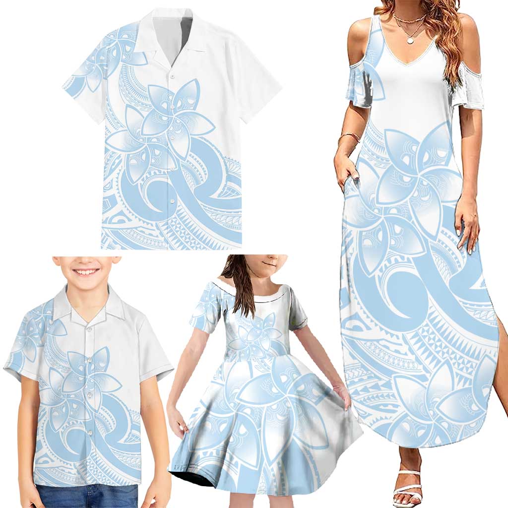 Polynesian Tribal Plumeria Lotu Tamaiti Family Matching Summer Maxi Dress and Hawaiian Shirt Pastel Sky Blue - Polynesian Pride