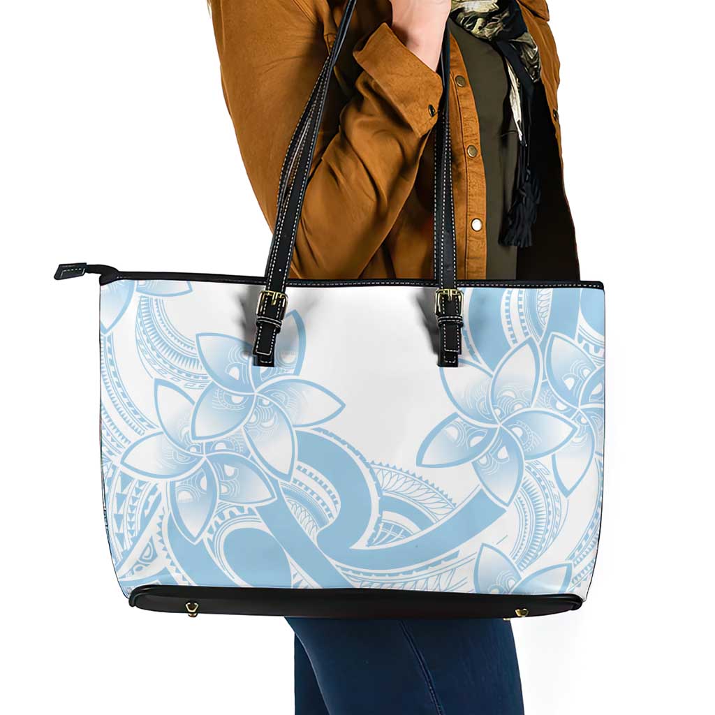 Polynesian Tribal Plumeria Lotu Tamaiti Leather Tote Bag Pastel Sky Blue LT9 - Polynesian Pride