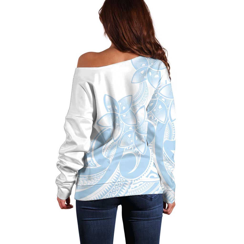 Polynesian Tribal Plumeria Lotu Tamaiti Off Shoulder Sweater Pastel Sky Blue - Polynesian Pride