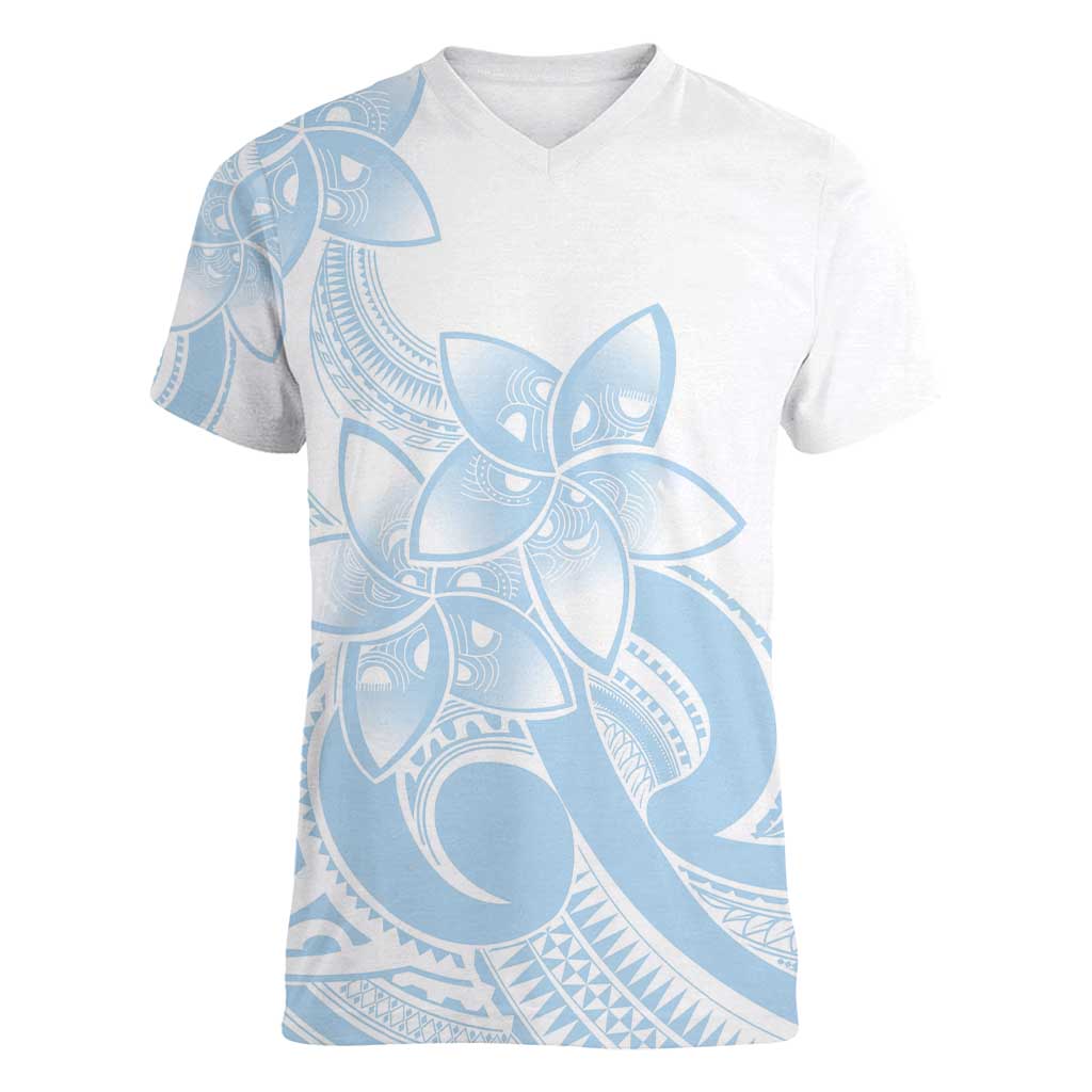Polynesian Tribal Plumeria Lotu Tamaiti Women V-Neck T-Shirt Pastel Sky Blue LT9 Female Blue - Polynesian Pride