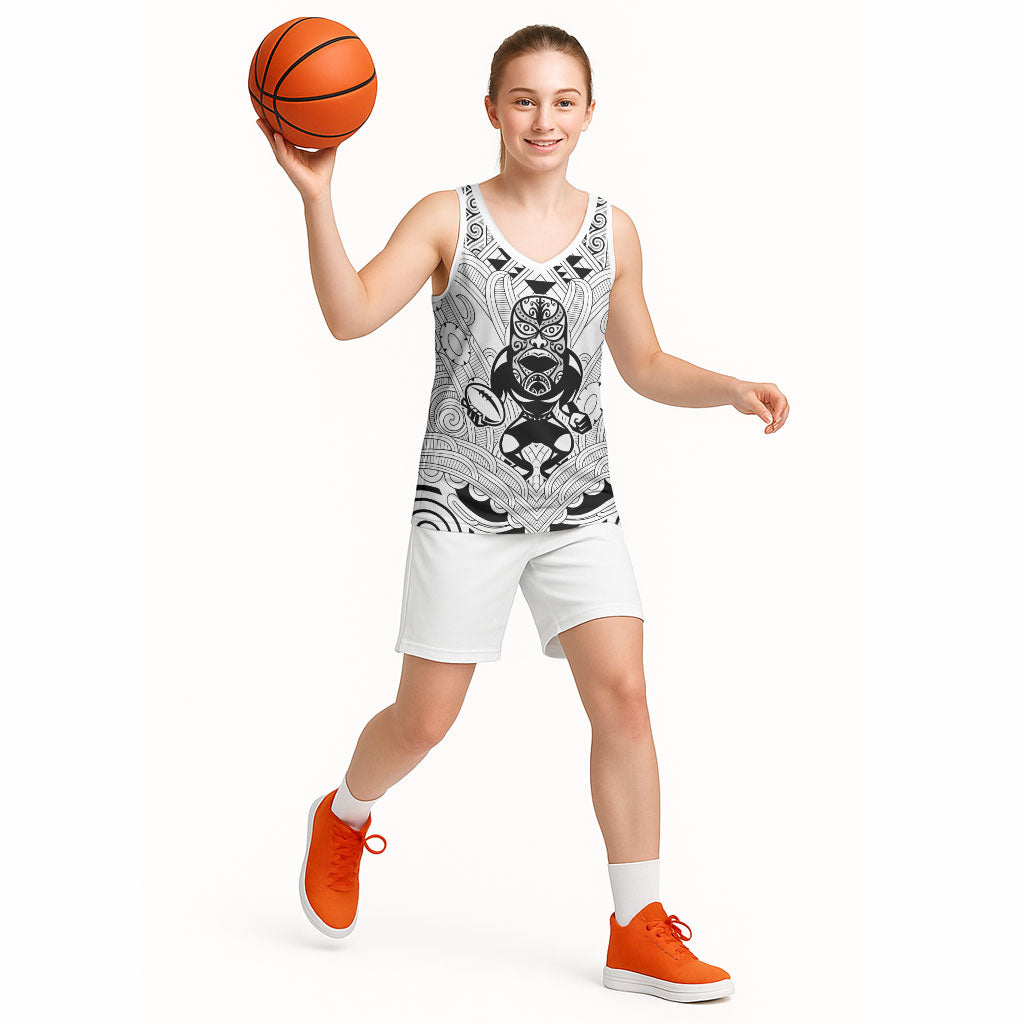 2026 Autumn Rugby Nations New Zealand Custom Basketball Jersey White Kowhaiwhai Maori Tribal Taniko Motif