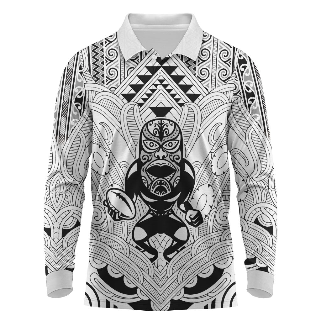 2026 Autumn Rugby Nations New Zealand Custom Long Sleeve Polo Shirt White Kowhaiwhai Maori Tribal Taniko Motif LT9 White - Polynesian Pride