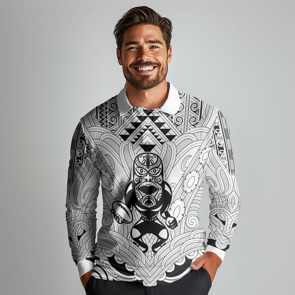 2026 Autumn Rugby Nations New Zealand Custom Long Sleeve Polo Shirt White Kowhaiwhai Maori Tribal Taniko Motif