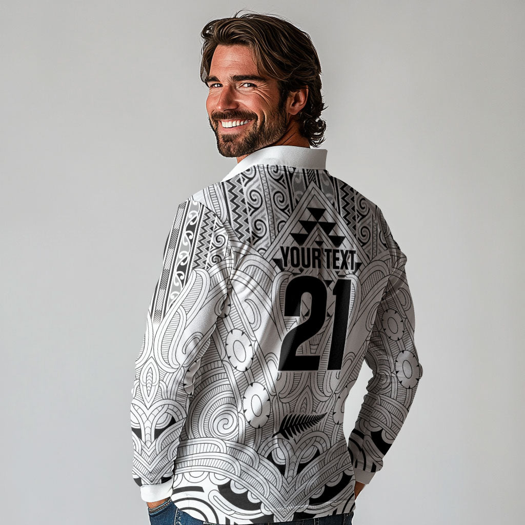 2026 Autumn Rugby Nations New Zealand Custom Long Sleeve Polo Shirt White Kowhaiwhai Maori Tribal Taniko Motif
