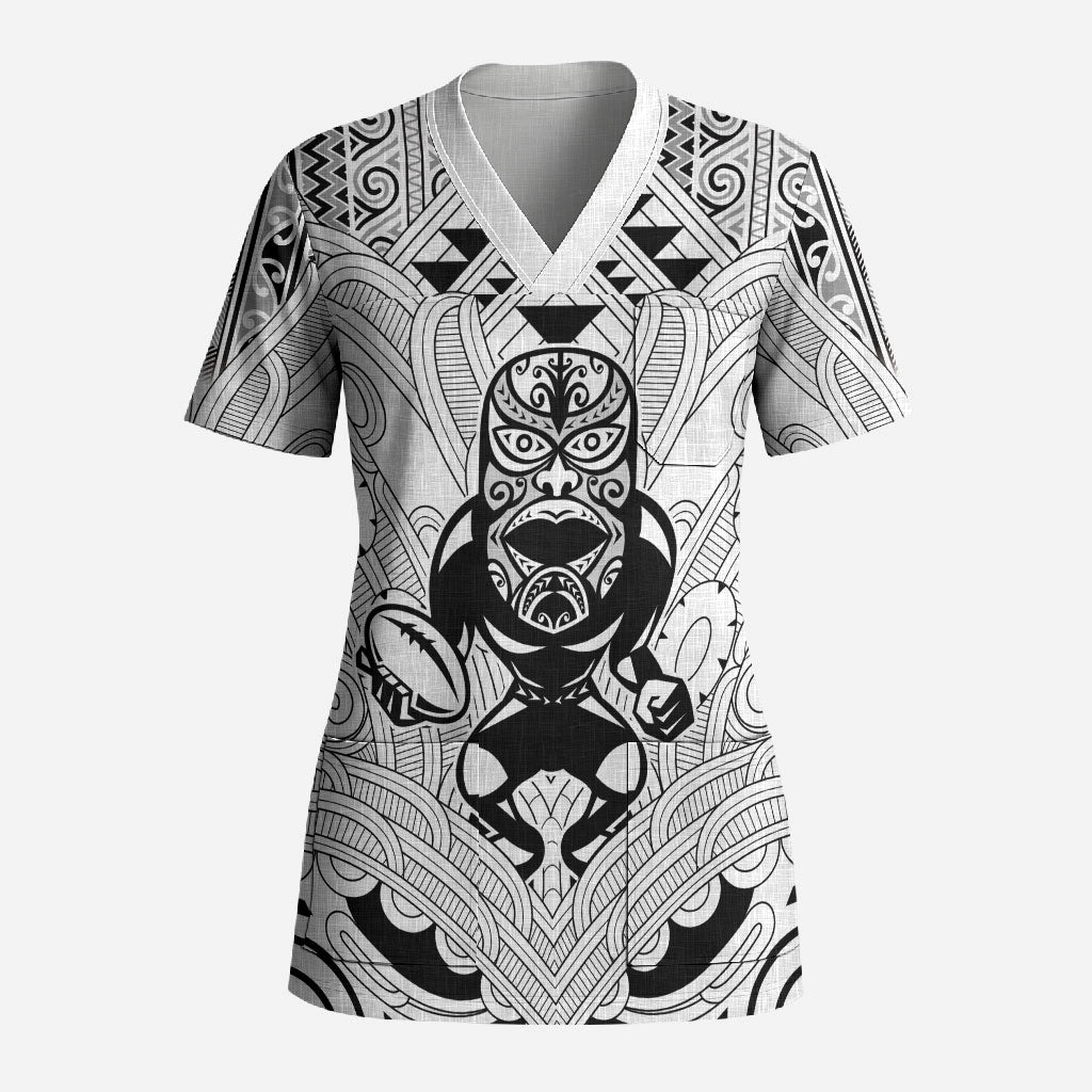 2026 Autumn Rugby Nations New Zealand Custom Scrub Top White Kowhaiwhai Maori Tribal Taniko Motif LT9 Adult White - Polynesian Pride