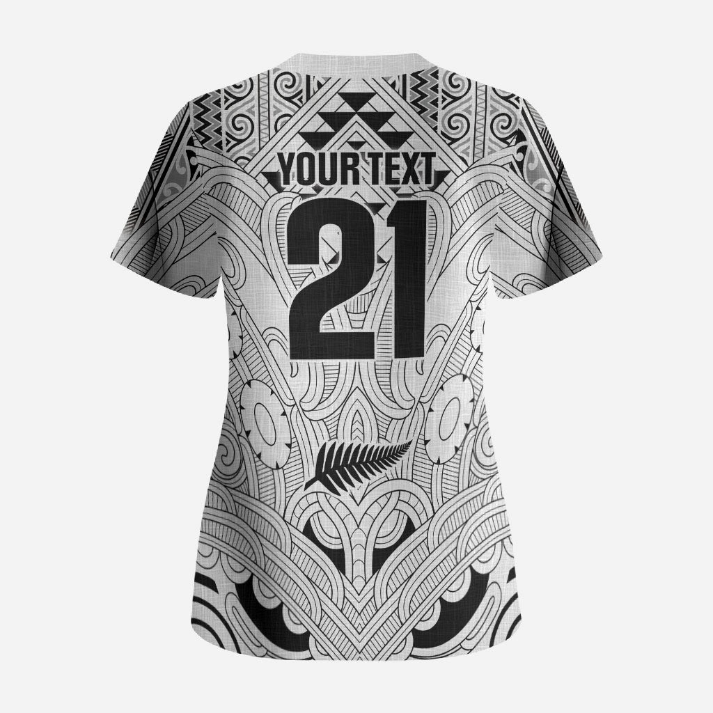 2026 Autumn Rugby Nations New Zealand Custom Scrub Top White Kowhaiwhai Maori Tribal Taniko Motif
