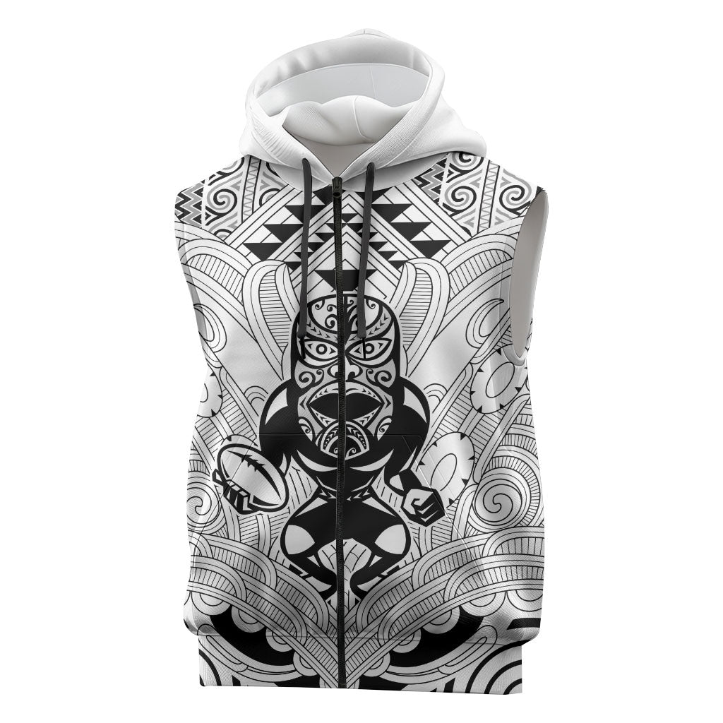 2026 Autumn Rugby Nations New Zealand Custom Sleeveless Zip Hoodie White Kowhaiwhai Maori Tribal Taniko Motif