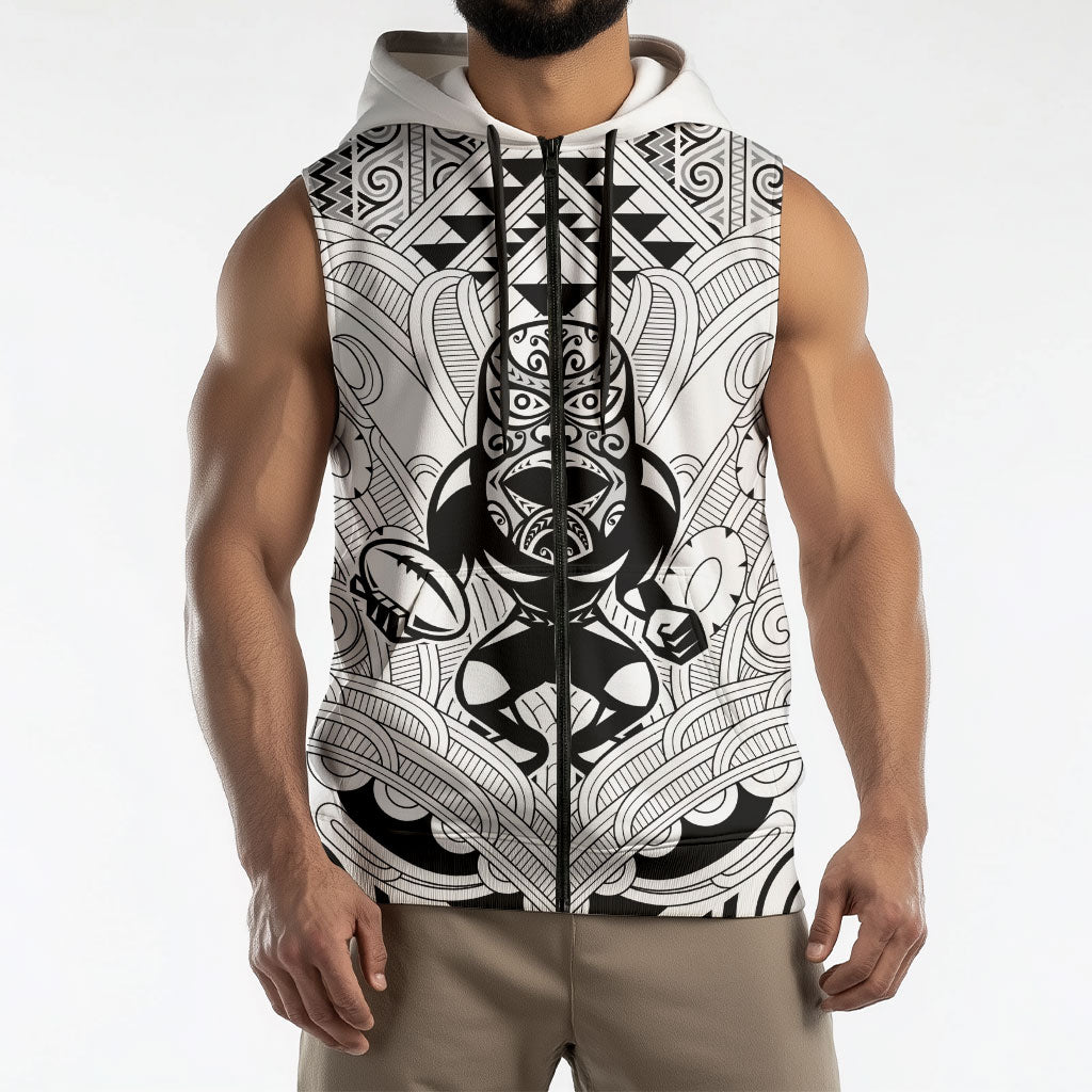 2026 Autumn Rugby Nations New Zealand Custom Sleeveless Zip Hoodie White Kowhaiwhai Maori Tribal Taniko Motif