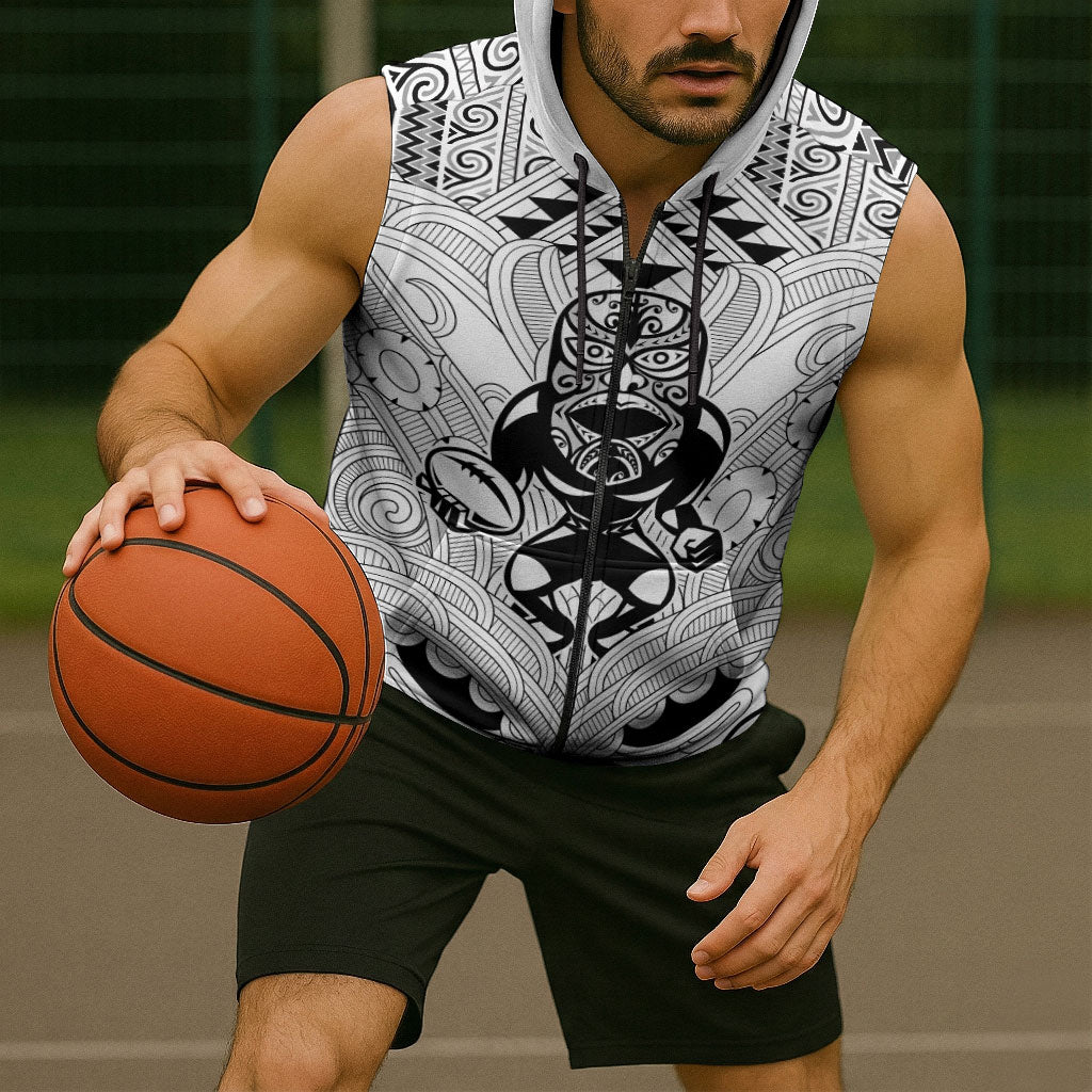2026 Autumn Rugby Nations New Zealand Custom Sleeveless Zip Hoodie White Kowhaiwhai Maori Tribal Taniko Motif